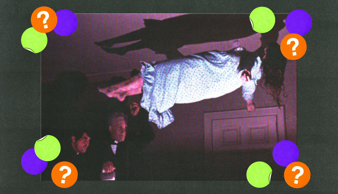 Jason Miller, Max von Sydow and Linda Blair in a still from 'The Exorcist' jason miller, max von sydow and linda blair in a still from the exorcist; yellow, purple and orange circles with question marks surround them